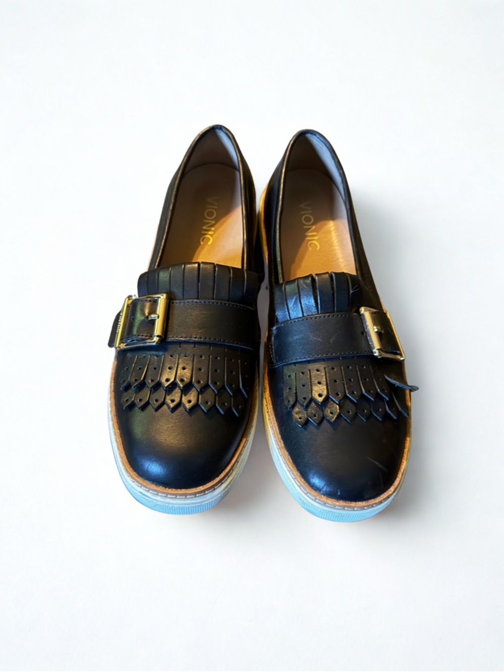 Vionic Black Leather Kiltie Loafers with Gold Buckle